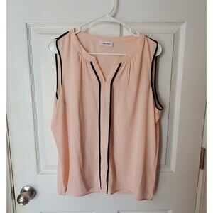 Calvin Klein Womens Blouse Size Large Soft Pink With Black Trim Sleeveless